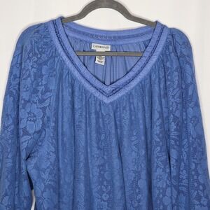 Catherine's 1X Top Blouse Blue Lace Overlay 3/4 Sleeve V-Neck Boho Classy Modest